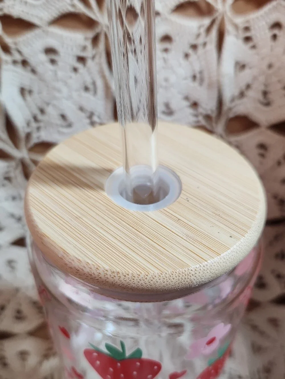 Strawberry Print Clear Cup with Glass Straw